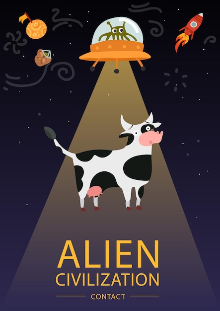 Affiche Drôle De Conception Plate Avec Une Soucoupe Volante Extraterrestre Et Une Vache