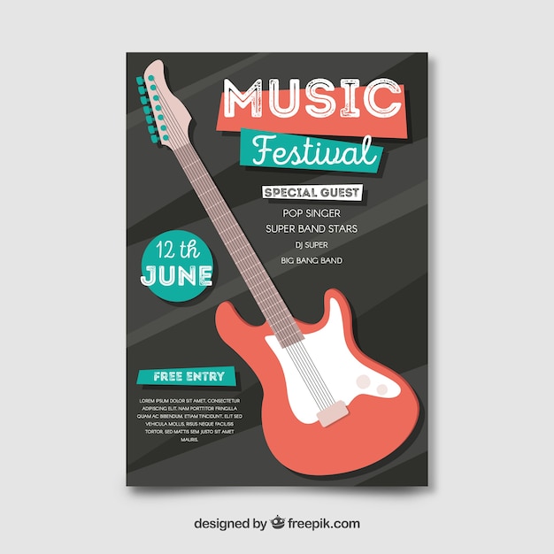 Vecteur gratuit affiche du festival de musique guitare électrique plat