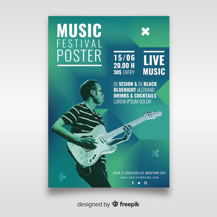Vecteur gratuit affiche du festival de musique avec photo