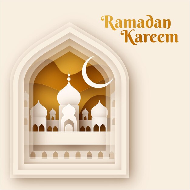 Affiche du festival de la saison du ramadan eid mubarak de vecteur libre de style de papier doré jaune et blanc