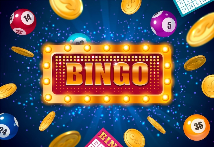 Vecteur gratuit affiche du gagnant de la loterie bingo dans un style réaliste avec des boules et des pièces sur illustration vectorielle fond bleu étincelant