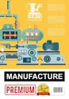 Vecteur gratuit affiche de fabrication industrielle plate avec ligne de production et icône de bras robotique sur illustration de fond orange