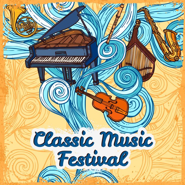 Affiche de festival de musique classique avec instrument de trompette de piano instrument illustration vectorielle