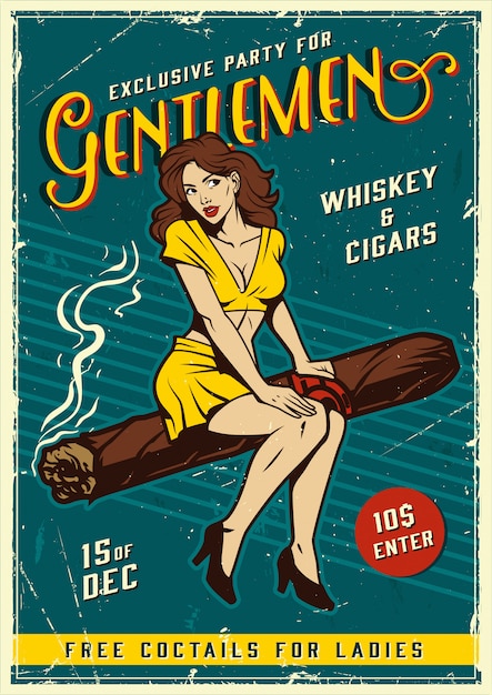 Vecteur gratuit affiche de fête de gentlemen vintage avec pin up girl