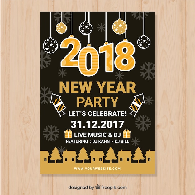 Affiche De Fête Noire Du Nouvel An Avec Des Décorations En Jaune