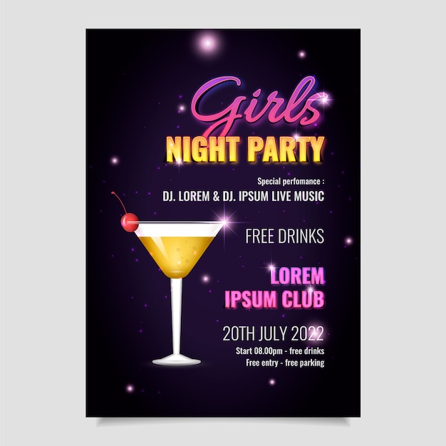 Vecteur gratuit affiche de fête de nuit de filles réaliste avec boisson