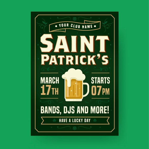 Vecteur gratuit affiche de fête de la saint-patrick ou modèle de flyer avec de la bière