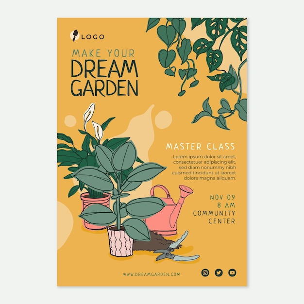 Vecteur gratuit affiche florale de passe-temps de jardinage dessinés à la main