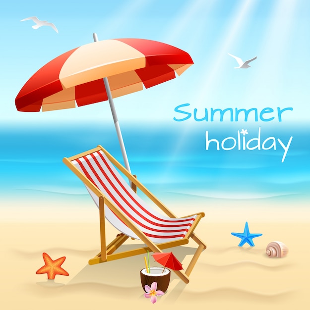 Affiche de fond plage vacances été avec chaise étoile de mer et illustration vectorielle cocktail