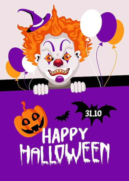 Vecteur gratuit affiche d'halloween clown avec composition verticale de tête de clown effrayant avec chapeau ballons citrouille et illustration vectorielle de texte