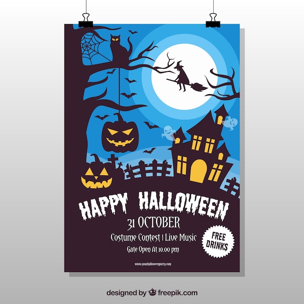 Vecteur gratuit affiche de halloween avec paysage nocturne