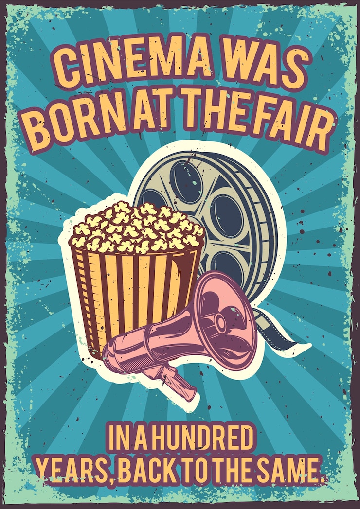 Vecteur gratuit affiche avec illustration d'un seau de pop-corn, d'un mégaphone et d'une pellicule