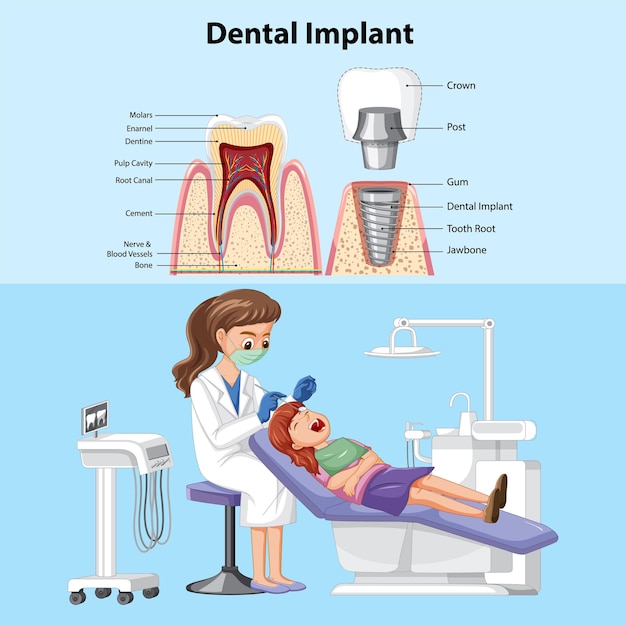 Vecteur gratuit affiche, implant dentaire, à, dentiste, femme, examiner, patient, dents