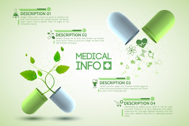 Affiche d'information sur la médecine avec illustration réaliste de symboles de médicaments et de pharmacie