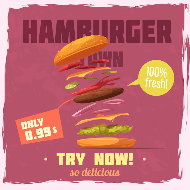 Vecteur gratuit affiche des ingrédients hamburger frais avec bulle de prix et de la parole sur fond violet texturé