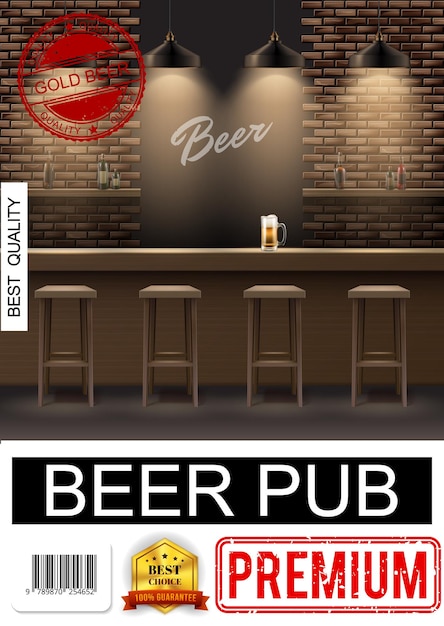Vecteur gratuit affiche intérieure de pub réaliste avec des chaises en verre à bière sur le comptoir du bar et des bouteilles d'alcool sur les étagères