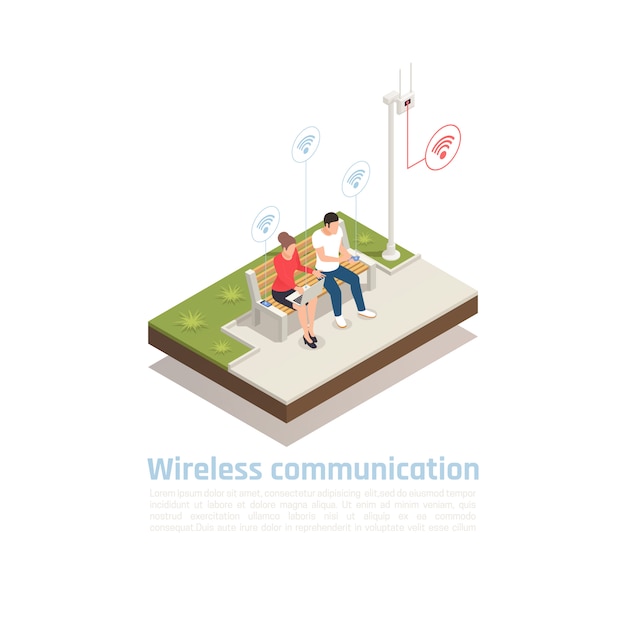 Affiche isométrique de communication sans fil avec des personnages masculins et féminins assis dans l'antenne cellulaire du parc de la ville et utilisant le signal wifi