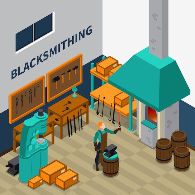 Affiche isométrique d&#39;intérieur du Blacksmith Shop Facility