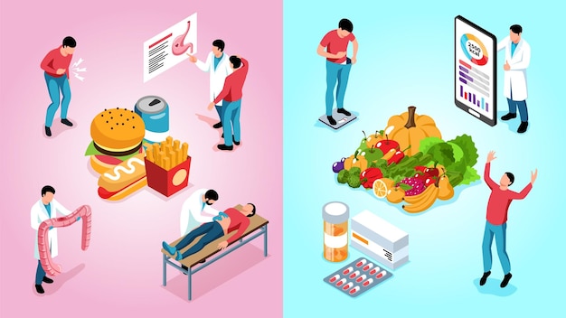 Vecteur gratuit affiche isométrique de régime gastro-entérologique avec des symptômes alimentaires sains et malsains et illustration vectorielle de traitement