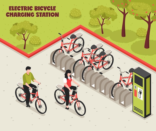 Vecteur gratuit affiche isométrique de transport écologique illustrée station de recharge de vélos électriques avec des vélos debout sur un parking pour