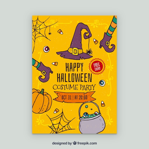 Vecteur gratuit affiche jaune de la fête d'halloween avec des éléments