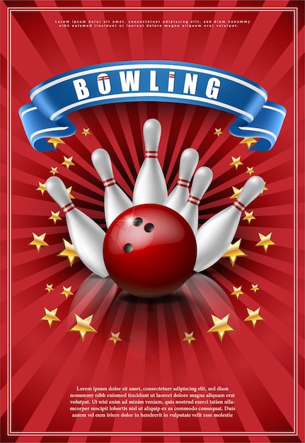 Vecteur gratuit affiche de jeu de bowling avec boule rouge et quilles blanches.