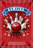 Vecteur gratuit affiche de jeu de bowling avec boule rouge et quilles blanches.