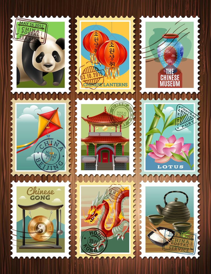 Vecteur gratuit affiche de jeu de timbres de voyage de chine