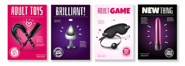 Vecteur gratuit affiche de jouets sexuels sertie de légendes publicitaires et d'accessoires pour l'illustration de jeux pour adultes