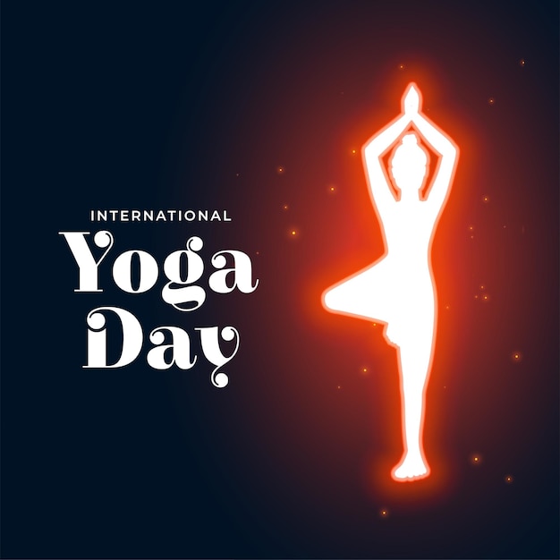Affiche de la journée internationale du yoga avec la silhouette éclatante d'une femme pleine d'énergie
