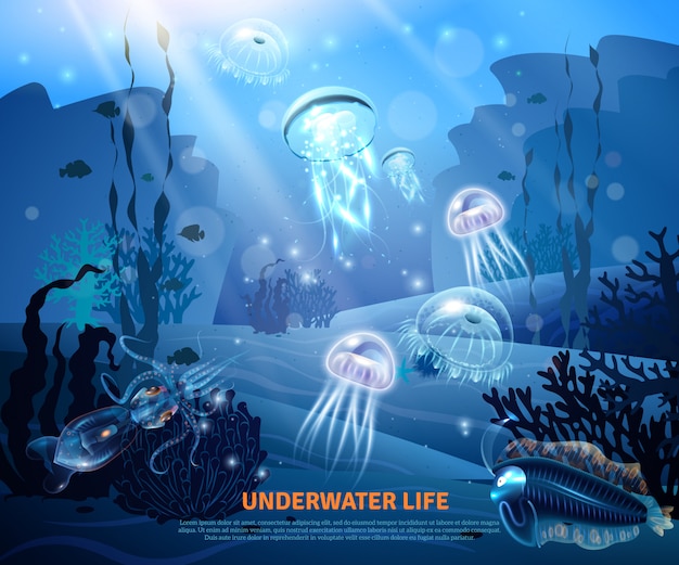 Vecteur gratuit affiche lumineuse de fond de vie sous-marine