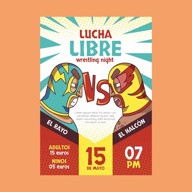 Vecteur gratuit affiche de lutteur mexicain dessiné à la main