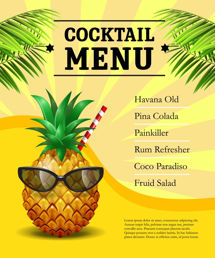 Vecteur gratuit affiche de menu cocktail. ananas dans des lunettes de soleil et de la paille