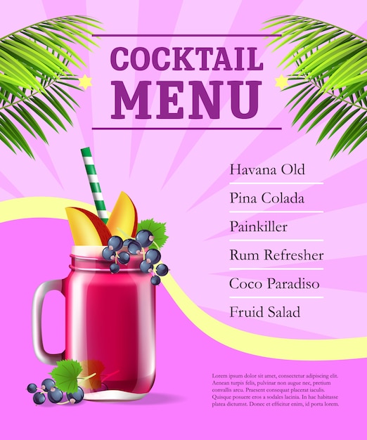 Affiche de menu cocktail. Smoothie aux fruits et feuilles de palmier sur fond rose avec des rayons