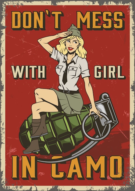 Vecteur gratuit affiche militaire rétro avec pin up girl