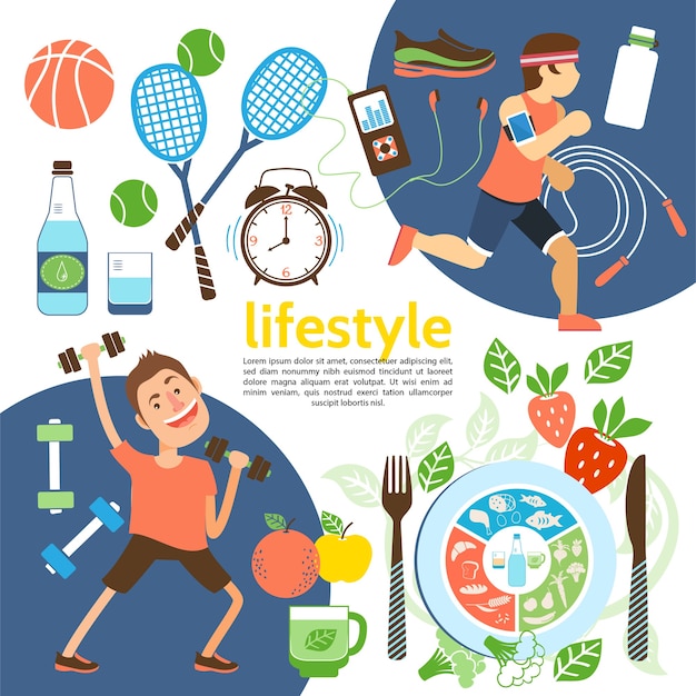 Vecteur gratuit affiche de mode de vie plat et sain avec des athlètes de sport équipement baskets réveil illustration de nutrition appropriée