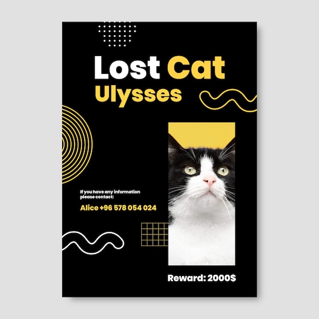 Vecteur gratuit affiche moderne d'ulysse de chat perdu de conception plate