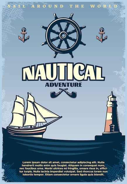 Vecteur gratuit affiche nautique rétro avec titre naviguez autour des titres d'aventure nautique du monde