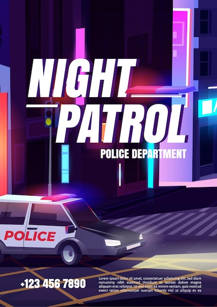 Affiche de patrouille de nuit avec voiture de service de police avec signalisation équitation rue de nuit avec maisons, passage pour piétons vides et feux de circulation