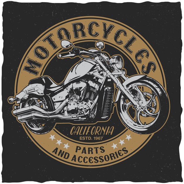 Affiche de pièces et accessoires de motos de Californie pour t-shirt sur le noir