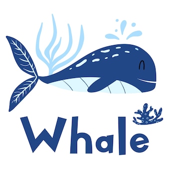 Affiche pour enfants avec une affiche dessinée à la main de baleine bleue avec une jolie baleine et des algues adaptées aux impressions...