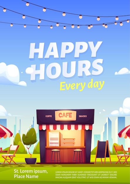 Affiche Publicitaire Happy Hours Avec Café En Plein Air Avec Café Et Collations