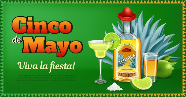 Vecteur gratuit affiche publicitaire horizontale de tequila décorée d'agave bleu et bouteille avec couvercle en forme d'illustration vectorielle réaliste de sombrero mexicain