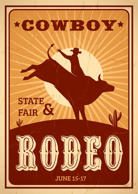 Affiche publicitaire de rodéo dans un style rétro avec cowboy chevauchant un cheval sauvage