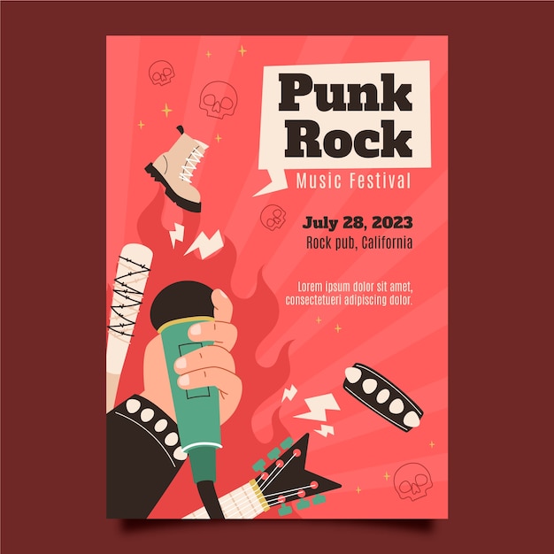 Affiche De Punk Rock Plat Dessiné à La Main De Musique