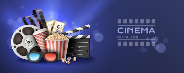 Affiche réaliste de temps de film cinéma horizontal avec lunettes 3d collations billets clapper bobine sur fond bleu avec illustration vectorielle bokeh