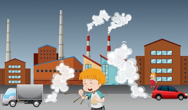 Vecteur gratuit affiche sur le réchauffement climatique avec enfant et usine