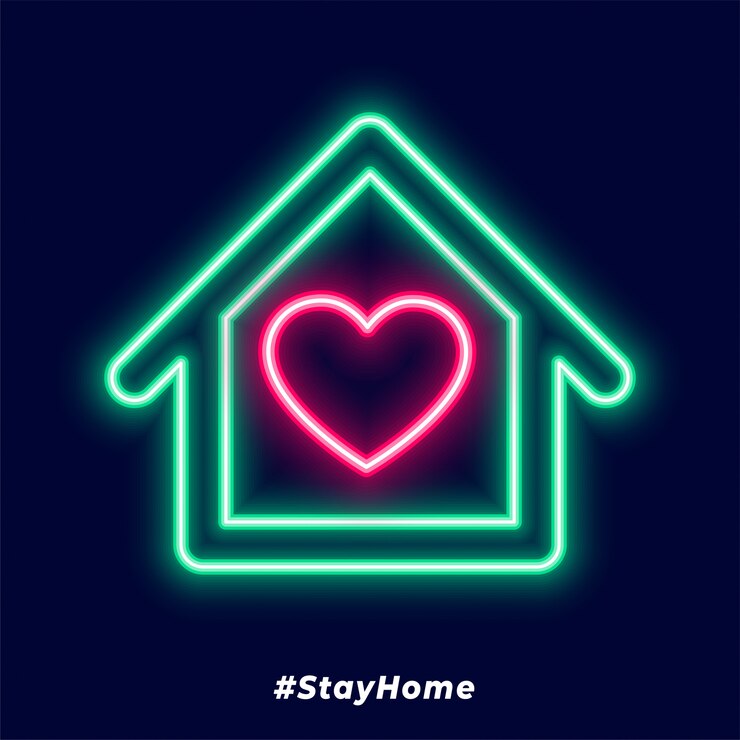 Vecteur gratuit affiche restez à la maison avec néon et coeur