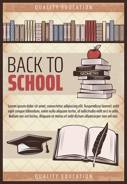 Vecteur gratuit affiche de retour à l'école colorée vintage avec étagère de livres de texte