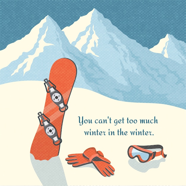 Vecteur gratuit affiche rétro de snowboard hiver montagne paysage fond
